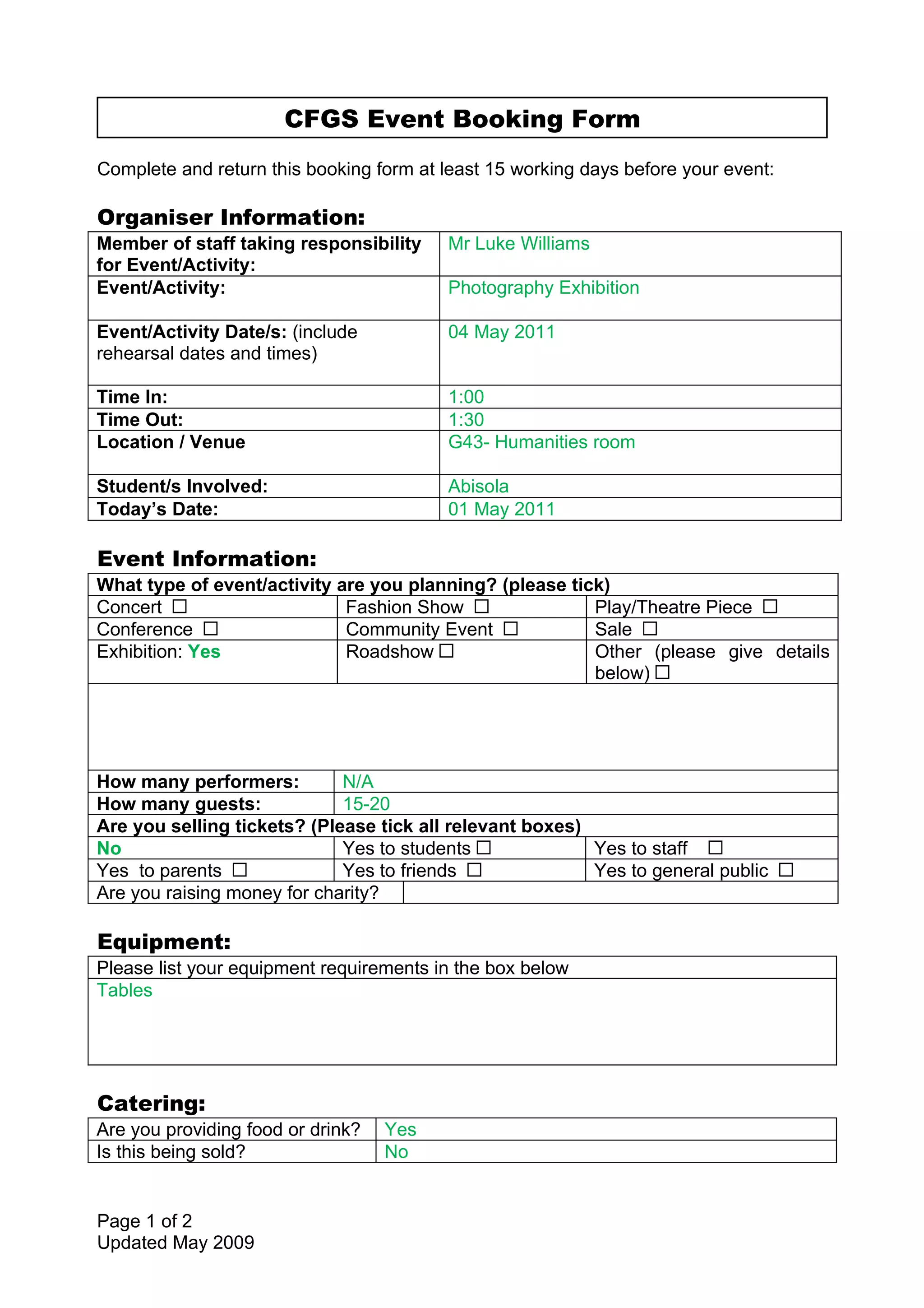Event Booking Form Pdf