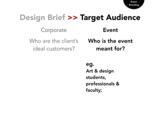 Design Brief >> Target Audience
Corporate Event
Who are the client’s
ideal customers?
Who is the event
meant for?
eg.
Art & design
students,
professionals &
faculty;
Event
Branding
 