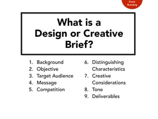 What is a
Design or Creative
Brief?
1. Background
2. Objective
3. Target Audience
4. Message
5. Competition
6. Distinguishing
Characteristics
7. Creative
Considerations
8. Tone
9. Deliverables
Event
Branding
 