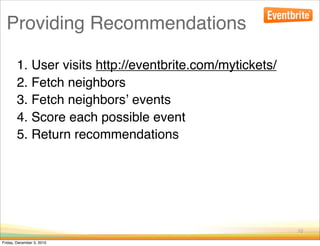 Providing Recommendations

        1. User visits http://eventbrite.com/mytickets/
        2. Fetch neighbors
        3. Fetch neighborsʼ events
        4. Score each possible event
        5. Return recommendations




                                                          10

Friday, December 3, 2010
 