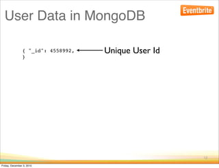 User Data in MongoDB

                { "_id": 4558992,   Unique User Id
                }




                                                     12

Friday, December 3, 2010
 
