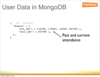 User Data in MongoDB

                { "_id": 4558992,
                  "events" : {
                      "all_ids": [ 116706, 179487, 16389, 827496 ],
                      "curr_ids": [ 827496 ],

                }
                  },
                                                     Past and current
                                                     attendance




                                                                        13

Friday, December 3, 2010
 