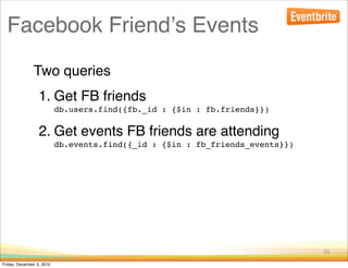 Facebook Friendʼs Events
               Two queries
                  1. Get FB friends
                           db.users.find({fb._id : {$in : fb.friends}})

                  2. Get events FB friends are attending
                           db.events.find({_id : {$in : fb_friends_events}})




                                                                               22

Friday, December 3, 2010
 