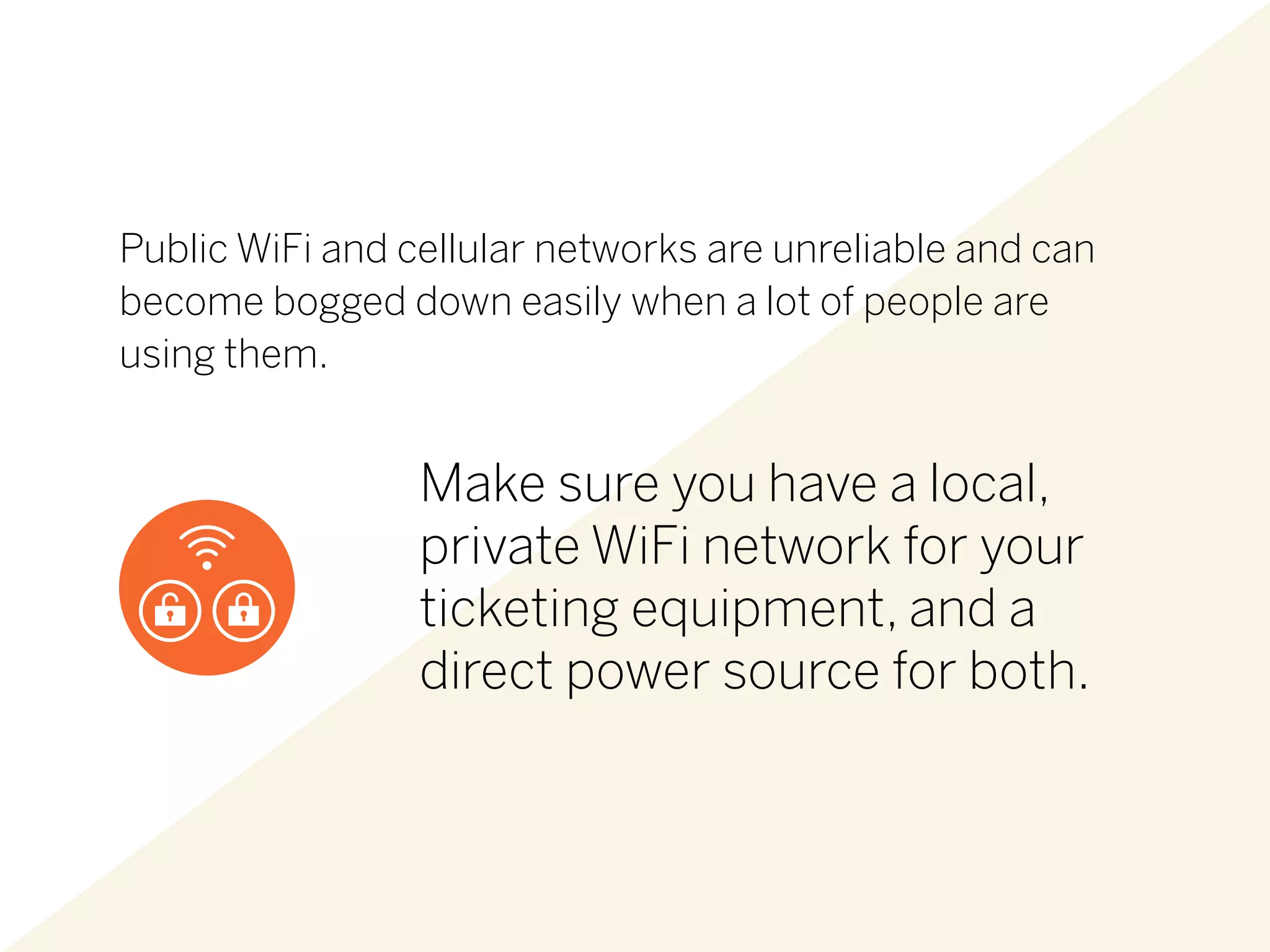 Public WiFi and cellular networks are unreliable and can
become bogged down easily when a lot of people are
using them.
Make sure you have a local,
private WiFi network for your
ticketing equipment, and a
direct power source for both.
 