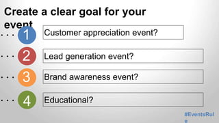Create a clear goal for your 
event 
1 Customer appreciation event? 
2 Lead generation event? 
3 Brand a2wareness event? 
...