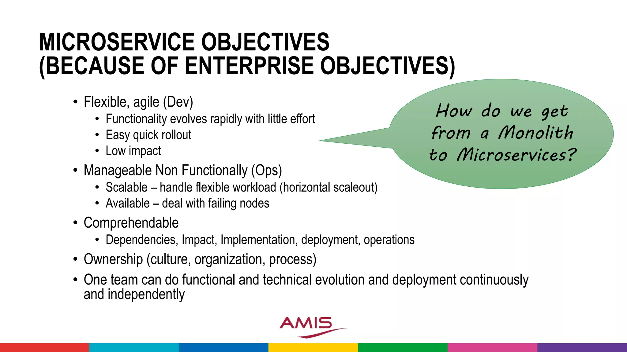 MICROSERVICE OBJECTIVES
(BECAUSE OF ENTERPRISE OBJECTIVES)
• Flexible, agile (Dev)
• Functionality evolves rapidly with little effort
• Easy quick rollout
• Low impact
• Manageable Non Functionally (Ops)
• Scalable – handle flexible workload (horizontal scaleout)
• Available – deal with failing nodes
• Comprehendable
• Dependencies, Impact, Implementation, deployment, operations
• Ownership (culture, organization, process)
• One team can do functional and technical evolution and deployment continuously
and independently
How do we get
from a Monolith
to Microservices?
 