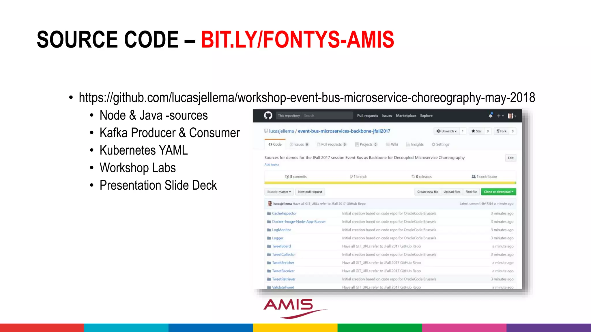 SOURCE CODE – BIT.LY/FONTYS-AMIS
• https://github.com/lucasjellema/workshop-event-bus-microservice-choreography-may-2018
• Node & Java -sources
• Kafka Producer & Consumer
• Kubernetes YAML
• Workshop Labs
• Presentation Slide Deck
 