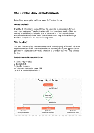 What is EventBus Library and How Does it Work?
In this blog, we are going to discuss about the Eventbus library.
What is EventBus:
EventBus Is open Source android library that simplifies communication between
Activities, Fragments, Threads, Services, with Less code, better quality.When we
develop an android application we need to manage a lot of intercommunication
between android components which some time's become very difficult to manage.
Eventbus library makes this task easy to implement.
Why EventBus?
The main reason why we should use EventBus is loose coupling. Sometimes you want
to process specific events that are interested for multiple parts of your application like
presentation layer business layer and data layer so EventBus provides a easy solution
for this.
Some features of EventBus library:
1-Simple yet powerful:
2- Battle tested:
3-High Performance
4-Convenient Annotation based API
5-Event & Subscriber inheritance
 