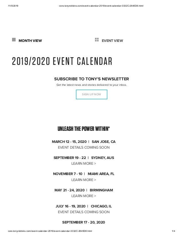 Tony Robbins Event Calendar 2020