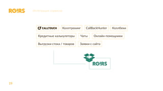 19
Коллтрекинг CallBackHunter Коллбеки
Кредитные калькуляторы Чаты Онлайн-помощники
Выгрузки стока / товаров Заявки с сайта
Интеграция сервисов
 