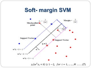 Soft- margin SVM
𝑦𝑖 𝑤 𝑇
𝑥𝑖 + 𝑏 ≥ 1 − 𝜉𝑖 𝑓𝑜𝑟 𝑖 = 1, … … , 𝑀 …….(7)
 