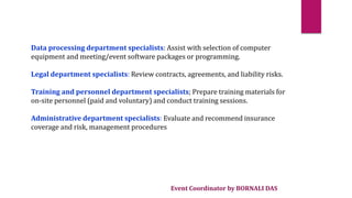 Event Coordinator by BORNALI DAS
Data processing department specialists: Assist with selection of computer
equipment and meeting/event software packages or programming.
Legal department specialists: Review contracts, agreements, and liability risks.
Training and personnel department specialists; Prepare training materials for
on-site personnel (paid and voluntary) and conduct training sessions.
Administrative department specialists: Evaluate and recommend insurance
coverage and risk, management procedures
 