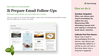 Personalize and automate your event follow-up in minutes.
3) Prepare Email Follow-Ups
BUILD IMPACTFUL RELATIONSHIPS
How we do it
Seamless integration
When new donors give
they’ll immediately be
added into your
Bloomerang CRM,
eliminating manual work
and making it a breeze to
boost donor retention.
Cultivate First-Time Donors
Never miss a beat in
acknowledging ﬁrst-time
donors; new donors are
automatically added to a
call list so you can turn a
ﬁrst-time donor into a
long-term supporter.
Using our expansive set of pre-built templates, create, send, and automate personalized receipts,
and event follow-ups in minutes, not weeks.
 