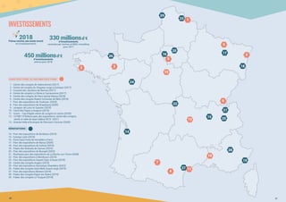 INVESTISSEMENTS
Rénovations :
14 - Parc des expositions de Bordeaux (2018)
15 - Eurexpo Lyon (2018)
16 - Paris Expo Porte de Versailles à Paris
17 - Parc des expositions de Nancy (2020)
18 - Parc des expositions de Colmar (2019)
19 - Palais des festivals de Cannes (2019)
20 - Parc des expositions du Bourget (2023)
21 - Rochexpo parc des expositions de La Roche-sur-Foron (2030)
22 - Parc des expositions à Montluçon (2019)
23 - Parc des expositions Gayant Expo à Douai (2018)
24 - Centre des congrès Angers (2019)
25 - Parc des expositions Savoiexpo Chambéry (2022)
26 - Palais des congrès Saint Malo Grand Large (2019)
27 - Parc des expositions Béziers (2018)
28 - Palais des congrès Digne-les-Bains (2019)
29 - Palais des congrès Le Touquet (2018)
Constructions ou reconstructions :
1 - Centre des congrès de Valenciennes (2017)
2 - Centre de congrès du Chapeau rouge à Quimper (2017)
3 - Couvent des Jacobins de Rennes (2017)
4 - Centre de congrès Le Dôme à Carcassonne (2017)
5 - Centre des congrès de Paris Saclay Massy (2018)
6 - Centre des congrès Robert Schuman de Metz (2018)
7 - Parc des expositions de Toulouse (2020)
8 - Parc des expositions de Strasbourg (2020)
9 - Juraparc de Lons-le-Saunier (2018)
10 - Carré des Papes à Avignon (2018)
11 - Iconic - Cap d’Agde centre de congrès et casino (2020)
12 - CO’MET d’Orléans parc des expositions, centre des congrès, 		
zénith et salle de sport (début 2019 -2021)
13 - Grande Halle d’Auvergne de Clermont-Cournon (2020)
450 millionsd’€
d’investissements
prévus pour 2018
330 millionsd’€
d’investissements
recensés par Unimev et MKG consulting
pour 2017
2018Prévue comme une année record
en investissements
1
2 3
4
11
5
12
6
8
10
14
15
21
22
23
24
25
26
27
28
29
16 17
18
19
19
20
13
7
20 21
 