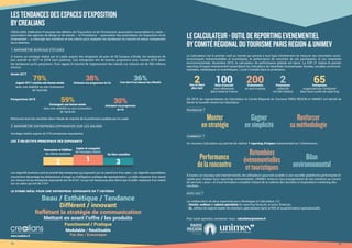CREALIANS, Fédération Française des Métiers de l’Exposition et de l’Événement, association rassemblant le Leads –
association des agences de design et de stands – et Prestalians – association des prestataires de l’exposition et de
l’événement – a interrogé ses membres et ses clients pour analyser les tendances du marché et mieux comprendre
leurs attentes.
1-BAROMÈTRE BUREAUX D’ÉTUDES
À travers un sondage réalisé par le Leads auprès des dirigeants de près de 50 bureaux d’étude, les tendances de
leur activité en 2017 et 2018 sont positives. Ces entreprises ont de bonnes projections pour l’année 2018 selon
les tendances qu’ils perçoivent. Pour rappel, le marché de l’agencement des stands sur mesure est de 506 millions
d’euros.
Année 2017
Perspectives 2018
Retrouvez tous les résultats dans l’étude du marché de la profession publiée par le Leads.
2-Baromètre entreprises exposantes sur les salons
Sondage réalisé auprès de 218 entreprises exposantes
Les 3 objectifs principaux des exposants
Les objectifs business sont la priorité des entreprises qui exposent sur un stand lors d’un salon. Les objectifs secondaires
concernent davantage les dimensions d’image ou d’obligation politique de représentation. La taille moyenne d’un stand
sur mesure d’une entreprise exposante est de 67m², ce qui est beaucoup plus élevé que la taille moyenne d’un stand
sur un salon qui est de 27m².
LE STAND IDÉAL POUR UNE ENTREPRISE EXPOSANTE EN 7 CRITÈRES
www.crealians.fr
79%Jugent 2017 comme une bonne année
avec une stabilité ou une croissance
de l’activité
38%Déclarent une progression de CA
36%Font état d’une hausse des effectifs
59%Envisagent une bonne année
avec une stabilité ou une croissance
de l’activité
30%Anticipent une progression
de CA
LESTENDANCESDESESPACESD’EXPOSITION
BYCREALIANS
LECALCULATEUR-OUTILDEREPORTINGEVENEMENTIEL
BYCOMITÉRÉGIONALDUTOURISMEPARISREGION&UNIMEV
Le Calculateur est le premier outil au monde qui permet à tout type d’événement de mesurer ses retombées socio-
économiques événementielles et touristiques, la performance de rencontre de ses participants, et son empreinte
environnementale. Novembre 2015, le calculateur de performance globale est lancé. La COP 21 réalise le premier
reporting d’impact événementiel rassemblant les indicateurs de retombées économiques, fiscales, sociales, environne-
mentales, médiatiques et scientifiques. L’outil s’installe dans la profession.
Été 2018, les copropriétaires du Calculateur, le Comité Régional du Tourisme PARIS REGION et UNIMEV, ont décidé de
lancer la nouvelle version du Calculateur.
Pourquoi ?
Comment ?
Un nouveau Calculateur qui permet de réaliser 1 reporting d’impact événementiel sur 3 dimensions :
À travers un nouveau site Internet enrichi, les utilisateurs pourront accéder à une nouvelle plateforme performante et
rapide pour réaliser leurs reportings événementiels. UNIMEV renforce l’accompagnement de ses membres au travers
de services « plus » et d’une formation complète traitant de la collecte des données à l’exploitation marketing des
résultats.
Avec qui ?
La collaboration de deux expertises pour développer le Calculateur 2.0 :
- Deloitte, auditeur et cabinet spécialiste du reporting financier et extra-financier,
- UL, éditeur de logiciel leader de solutions spécialisées dans la RSE et la performance opérationnelle
Pour toute question, contactez-nous : calculateur@unimev.fr
Gagner
ensimplicité
Monter
enstratégie
Renforcer
saméthodologie
Retombées
événementielles
ettouristiques
Performance
delarencontre
Bilan
environnemental
12 13
100Sites d’accueil
sont référencés
dans toute la France
200Événements
se sont évalués
2Panoramas
collectifs
ont été réalisés
65Entreprises
organisatrices l’intègrent
dans leurs outils de reporting
2Ans et demi
plus tard
Beau / Esthétique / Tendance
Différent / innovant
Reflétant la stratégie de communication
Mettant en avant l’offre / les produits
Fonctionnel / Pratique
Modulable / Réutilisable
Pas cher / Économique
Capter et conquérir
de nouveaux clients
Rencontrer et fidéliser
les clients existants Se faire connaître
2 31
 