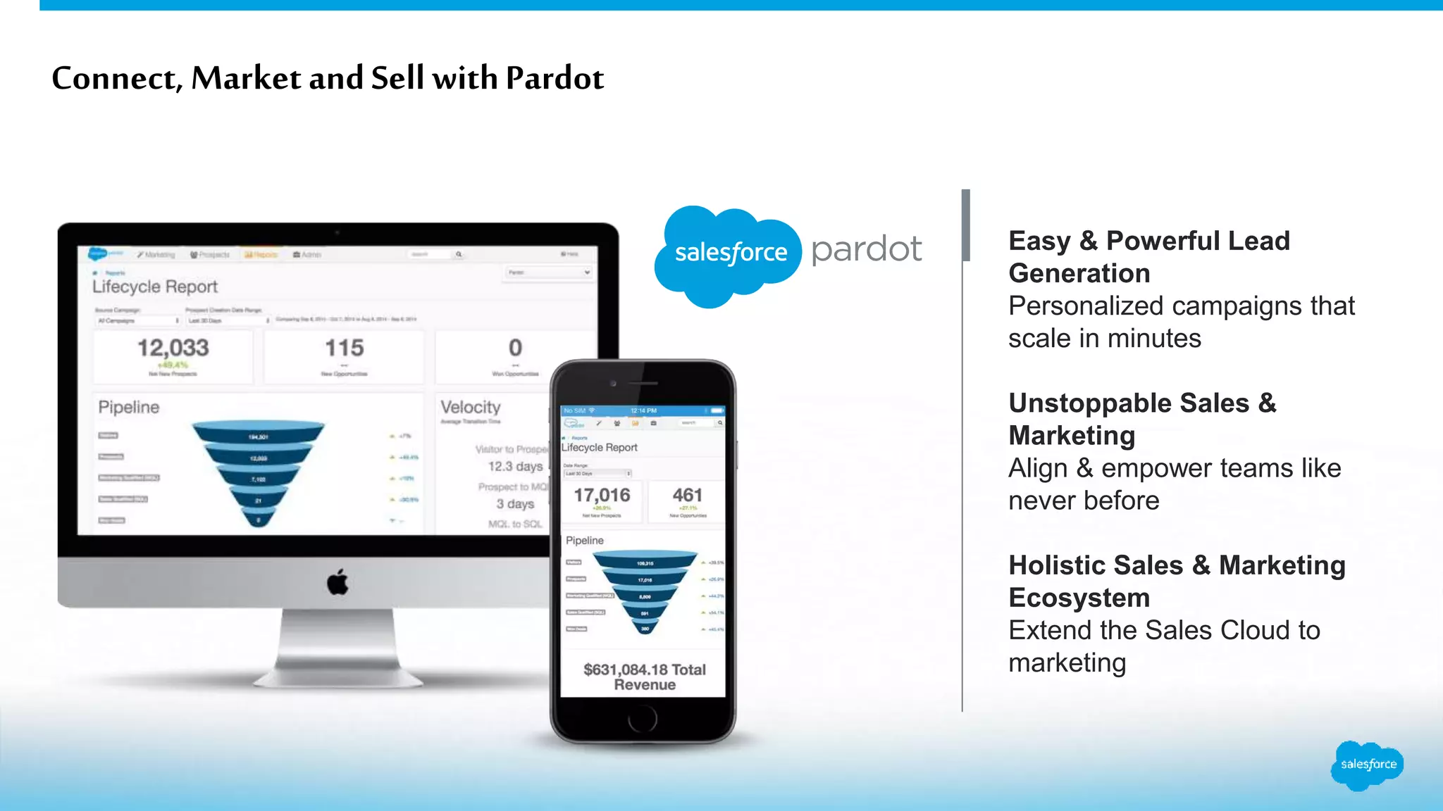 Easy & Powerful Lead
Generation
Personalized campaigns that
scale in minutes
Unstoppable Sales &
Marketing
Align & empower teams like
never before
Holistic Sales & Marketing
Ecosystem
Extend the Sales Cloud to
marketing
Connect, Market andSell withPardot
 