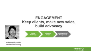 ENGAGEMENT
Keep clients, make new sales,
build advocacy
Roz Burton-Torres
Idealist Consulting
Leads
(Marketing)
Prospects
(Sales)
Client/Advocate
(Engagement)
 