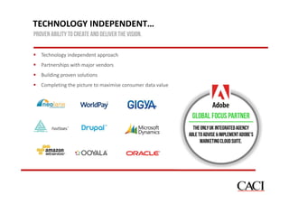 TECHNOLOGY INDEPENDENT…
Proven ability to create and deliver the vision.
Technology independent approach
Partnerships with major vendors
Building proven solutions
Completing the picture to maximise consumer data value

 
