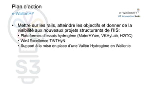 Plan d’action
• Mettre sur les rails, atteindre les objectifs et donner de la
visibilité aux nouveaux projets structurants de l’IIS:
• Plateformes d’essais hydrogène (MaterHYum, VKHyLab, H2iTC)
• Win4Excellence TiNTHyN
• Support à la mise en place d’une Vallée Hydrogène en Wallonie
e-WallonHY
 