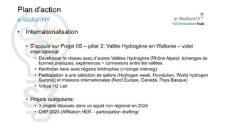 Plan d’action
• Internationalisation
• S’appuie sur Projet IIS – pilier 2: Vallée Hydrogène en Wallonie – volet
international
• Développer le réseau avec d’autres Vallées Hydrogène (Rhône Alpes): échanges de
bonnes pratiques, expériences + connexions entre les vallées
• Renforcer liens avec régions limitrophes (=>projet interreg)
• Participation à une sélection de salons (Hydrogen week, Hyvolution, World hydrogen
Summit) et missions internationales (Nord Europe, Canada, Pays Basque)
• Virtual H2 Lab
• Projets européens:
• 3 projets déposés dans un appel non régional en 2024
• CHP 2025 (Affiliation HER – participation drafting)
e-WallonHY
 