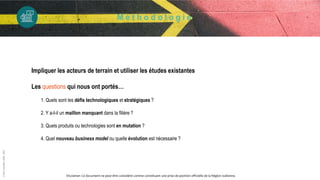 Impliquer les acteurs de terrain et utiliser les études existantes
Les questions qui nous ont portés…
1. Quels sont les défis technologiques et stratégiques ?
2. Y a-t-il un maillon manquant dans la filière ?
3. Quels produits ou technologies sont en mutation ?
4. Quel nouveau business model ou quelle évolution est nécessaire ?
©
Pôle
GreenWin
ASBL,
2023
Disclamer: Ce document ne peut être considéré comme constituant une prise de position officielle de la Région wallonne.
 