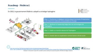 Roadmap Fédéral
22
Disclamer: Ce document ne peut être considéré comme constituant une prise de position officielle de la Région wallonne.
En 2022, le gouvernement fédéral a adopté sa stratégie hydrogène
Pilier 1 : Positionner la Belgique comme plaque tournante d’importation
et de transit de molécules renouvelables en Europe
Pilier 2 : Renforcer le leadership belge dans les technologies de
l’hydrogène
Pilier 3 : Etablir un marché robuste de l’hydrogène
Pilier 4 : Investir dans la coopération comme facteur clé de succès
https://economie.fgov.be/fr/themes/energie/transition-energetique/strategie-federale-belge-
pour#:~:text=La%20strat%C3%A9gie%20hydrog%C3%A8ne%20f%C3%A9d%C3%A9rale%20vise,rentable%20ou%20techniquement%20pas%20r%C3%A9aliste.
 