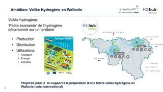 91
Ambition: Vallée Hydrogène en Wallonie
Vallée hydrogène:
‘Petite économie’ de l’hydrogène
décarbonné sur un territoire
• Production
• Distribution
• Utilisations
• Transport
• Énergie
• Industrie
Projet IIS pilier 2 en support à la préparation d’une future vallée hydrogène en
Wallonie (volet international)
 