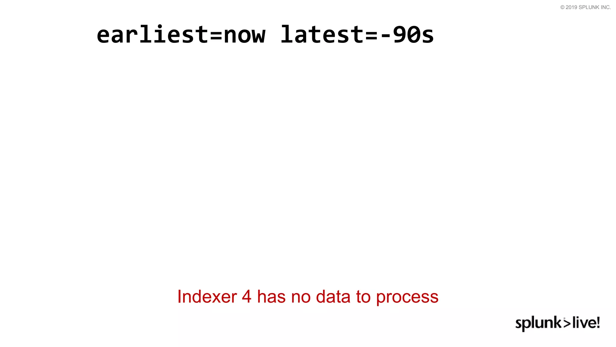 © 2019 SPLUNK INC.
earliest=now latest=-90s
Indexer 4 has no data to process
 