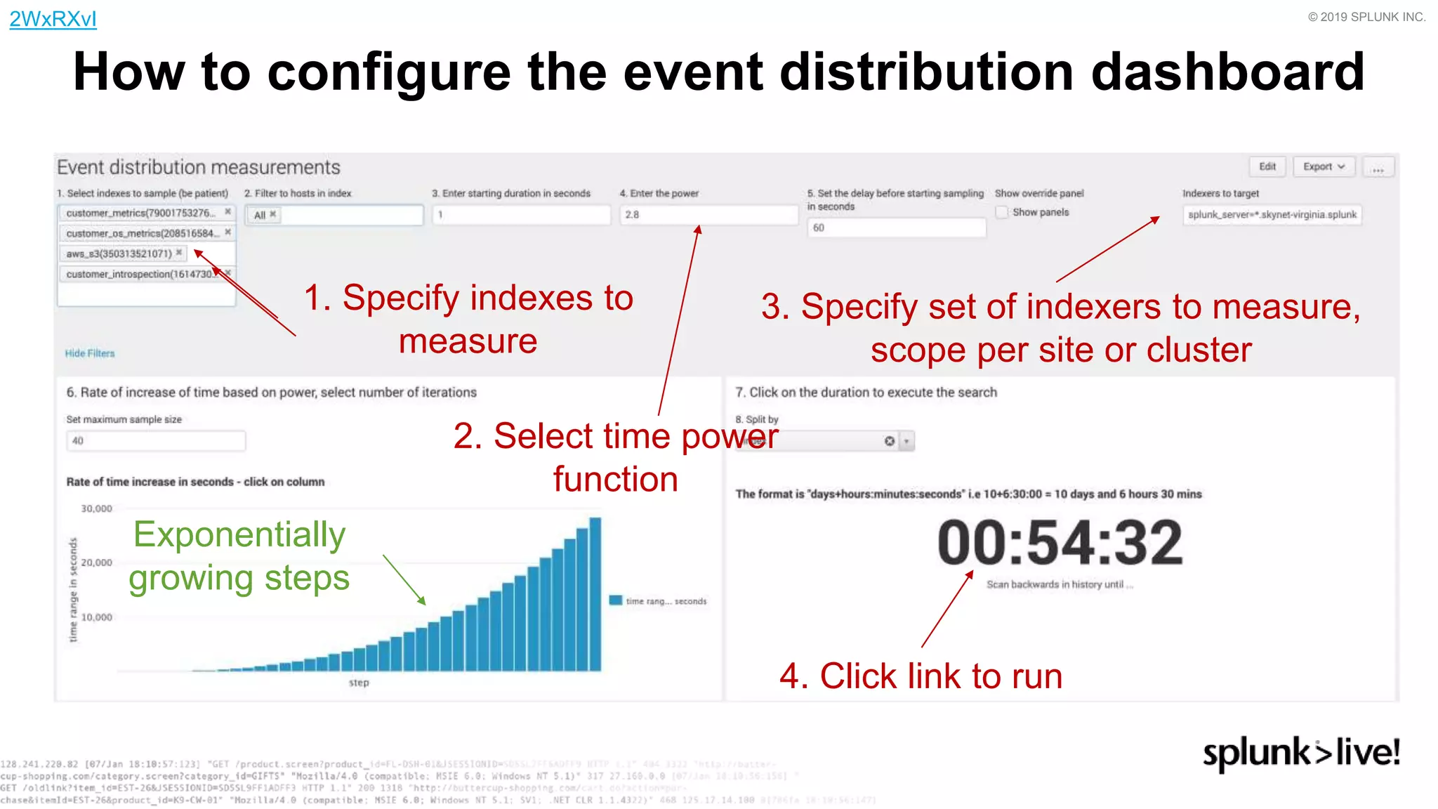 © 2019 SPLUNK INC.
How to configure the event distribution dashboard
3. Specify set of indexers to measure,
scope per site or cluster
1. Specify indexes to
measure
4. Click link to run
Exponentially
growing steps
2WxRXvI
2. Select time power
function
 