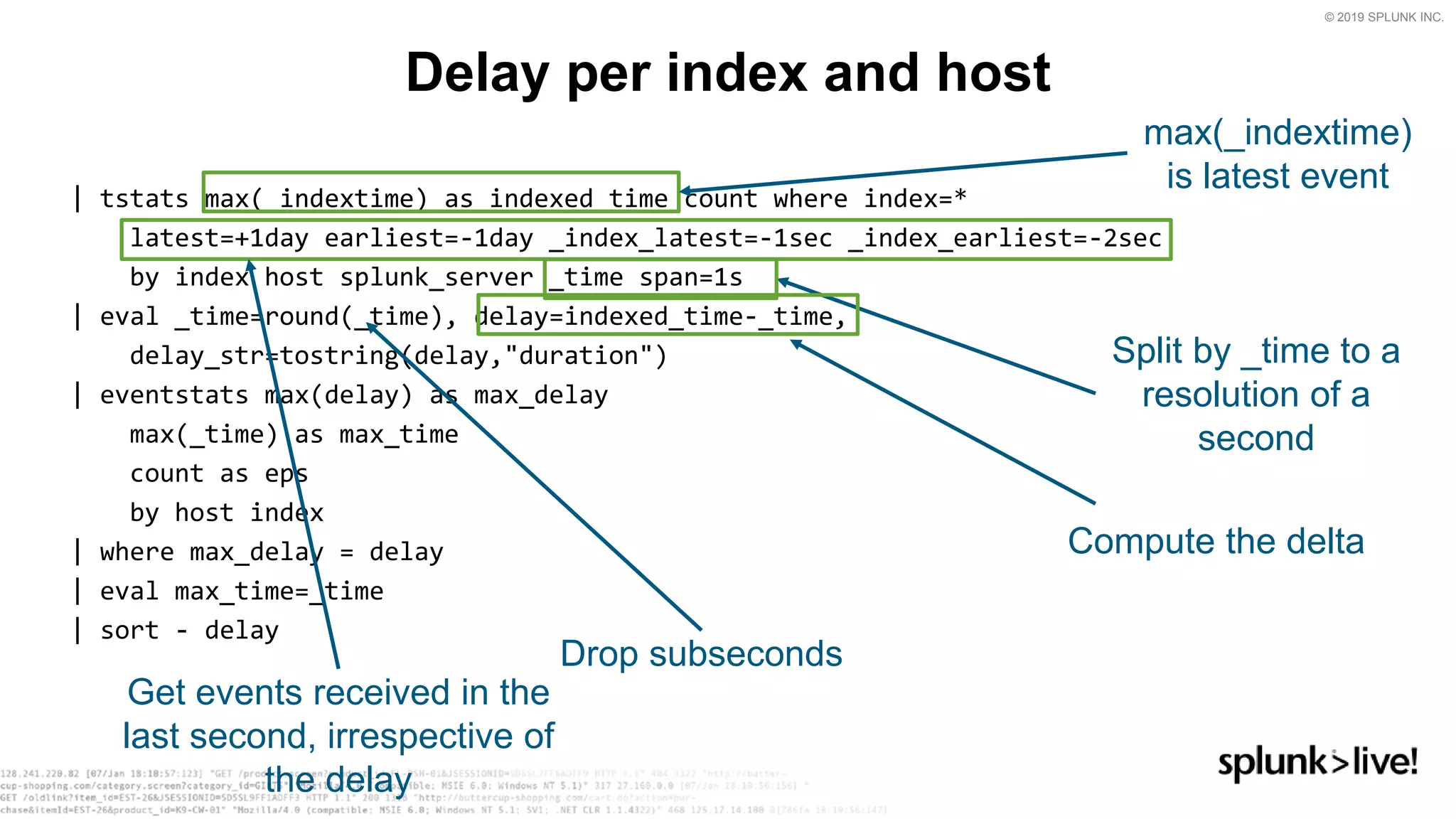 © 2019 SPLUNK INC.
| tstats max(_indextime) as indexed_time count where index=*
latest=+1day earliest=-1day _index_latest=-1sec _index_earliest=-2sec
by index host splunk_server _time span=1s
| eval _time=round(_time), delay=indexed_time-_time,
delay_str=tostring(delay,&quot;duration&quot;)
| eventstats max(delay) as max_delay
max(_time) as max_time
count as eps
by host index
| where max_delay = delay
| eval max_time=_time
| sort - delay
Delay per index and host
Get events received in the
last second, irrespective of
the delay
max(_indextime)
is latest event
Split by _time to a
resolution of a
second
Drop subseconds
Compute the delta
 