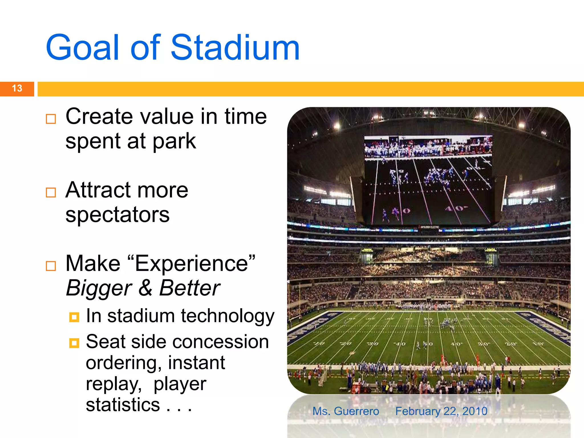 Ticket DistributionFebruary 22, 2010Ms. Guerrero12Team & Venue SalesSale Price: face value of ticketsLuxury seats are more expensiveTicket BrokersSales Price + Service ChargeGame MarketingAdvertisingTech SupportCustomer ServiceSales ForceCustomer Complaint:  Service Fees Too High