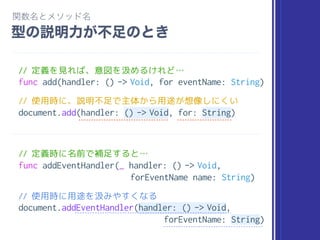 // 定義を見れば、意図を汲めるけれど…
func add(handler: () -> Void, for eventName: String)
// 使用時に、説明不足で主体から用途が想像しにくい
document.add(handler: () -> Void, for: String)
// 定義時に名前で補足すると…
func addEventHandler(_ handler: () -> Void,
forEventName name: String)
// 使用時に用途を汲みやすくなる
document.addEventHandler(handler: () -> Void,
forEventName: String)
 
