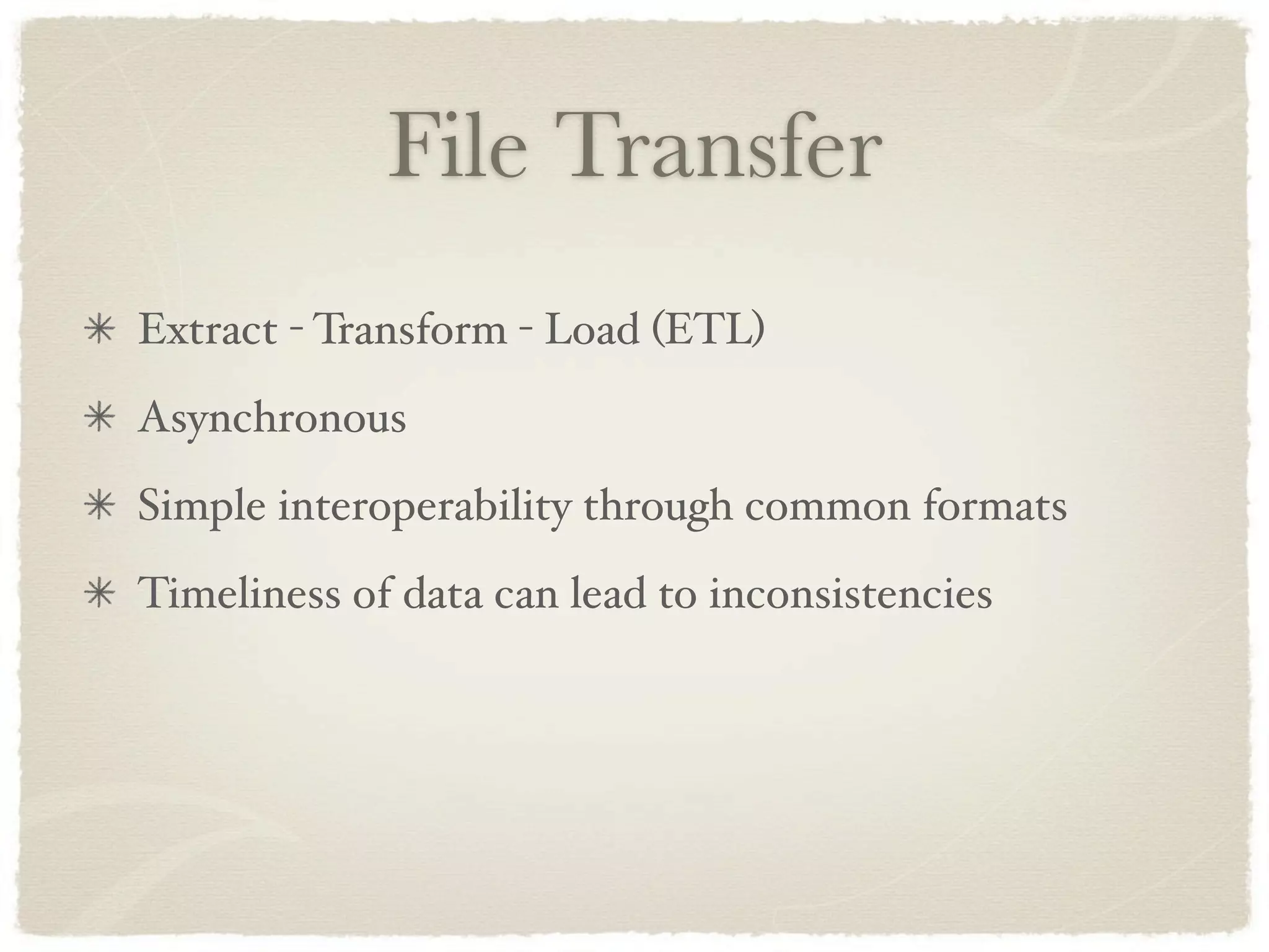 File Transfer
Extract - Transform - Load (ETL)
Asynchronous
Simple interoperability through common formats
Timeliness of data can lead to inconsistencies
 