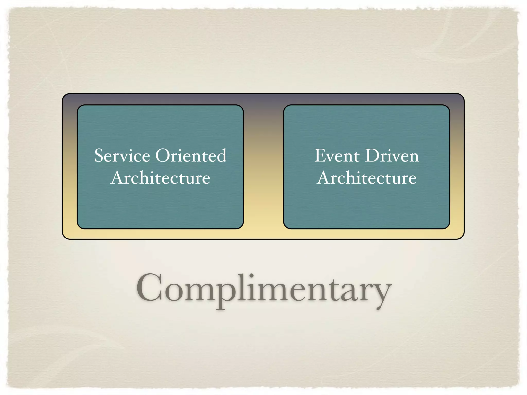Service Oriented   Event Driven
  Architecture     Architecture




    Complimentary
 