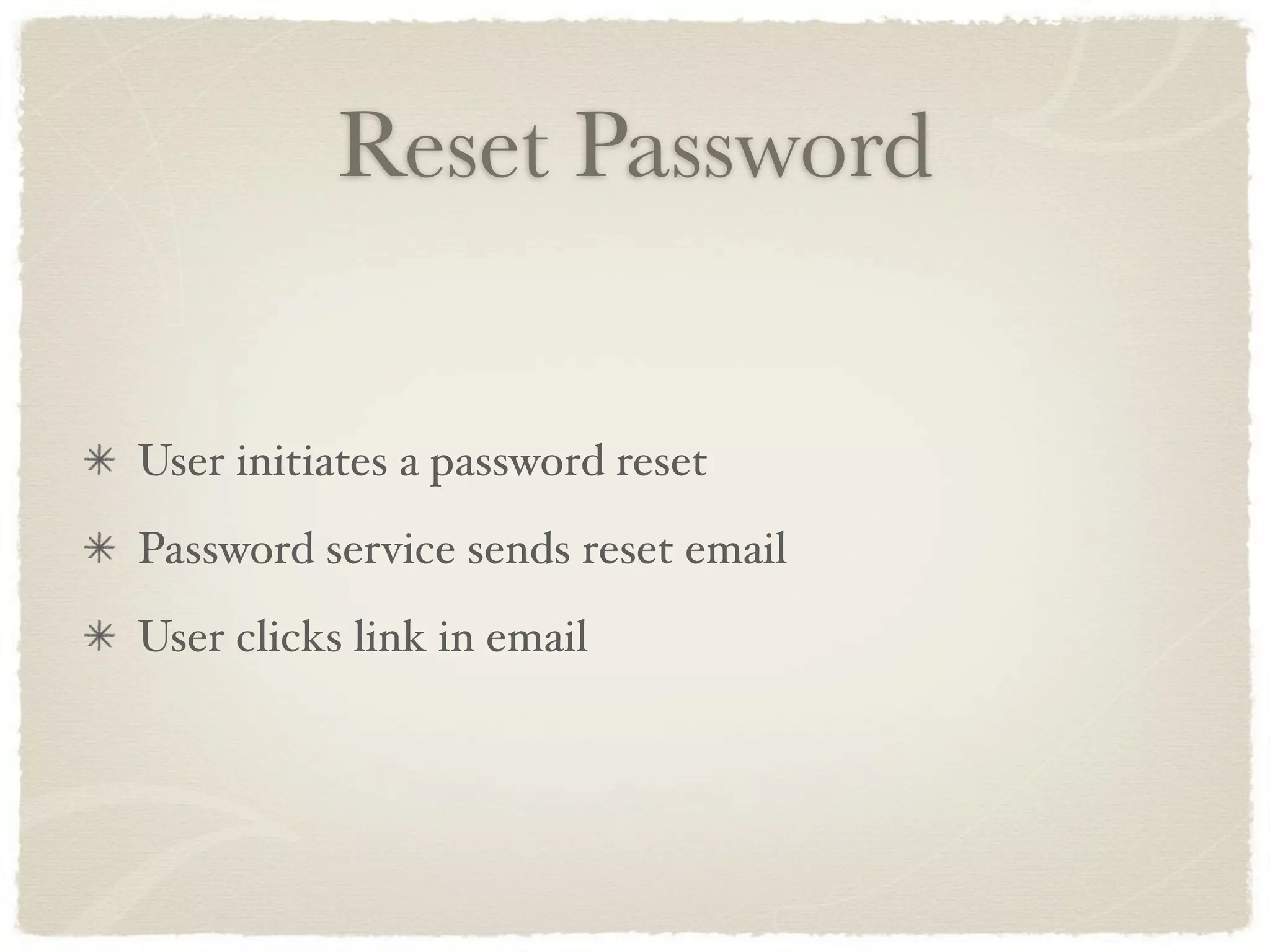 Reset Password


User initiates a password reset
Password service sends reset email
User clicks link in email
 