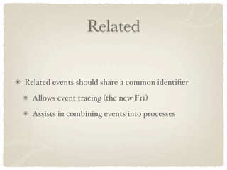 Related


Related events should share a common identiﬁer
  Allows event tracing (the new F11)
  Assists in combining events into processes
 
