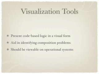 Visualization Tools


Present code-based logic in a visual form
Aid in identifying composition problems
Should be viewable on operational systems
 