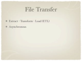 File Transfer
Extract - Transform - Load (ETL)
Asynchronous
 