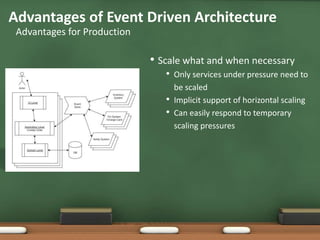 • Scale what and when necessary
• Only services under pressure need to
be scaled
• Implicit support of horizontal scaling
• Can easily respond to temporary
scaling pressures
Advantages of Event Driven Architecture
Advantages for Production
 
