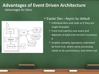 • Easier Dev - Async by default
• Individual devs and code as if they are
single threaded
• Front end submits new event and
depends on back end services to process
it
• Enables complex operations submitted
by front end, where some processing
needs to be synchronous, and others not
Advantages of Event Driven Architecture
Advantages for Devs
 