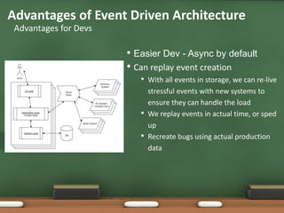 • Easier Dev - Async by default
• Can replay event creation
• With all events in storage, we can re-live
stressful events with new systems to
ensure they can handle the load
• We replay events in actual time, or sped
up
• Recreate bugs using actual production
data
Advantages of Event Driven Architecture
Advantages for Devs
 