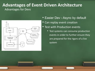 • Easier Dev - Async by default
• Can replay event creation
• Test with Production events
• Test systems can consume production
events in order to further ensure they
are prepared for the rigors of a live
system
Advantages of Event Driven Architecture
Advantages for Devs
 