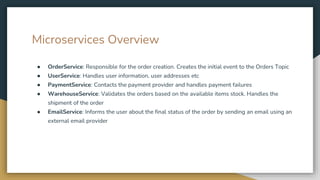 Microservices Overview
● OrderService: Responsible for the order creation. Creates the initial event to the Orders Topic
●...