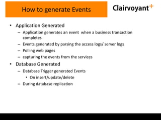 How to generate Events
• Application Generated
– Application generates an event when a business transaction
completes
– Events generated by parsing the access logs/ server logs
– Polling web pages
– capturing the events from the services

• Database Generated
– Database Trigger generated Events
• On insert/update/delete
– During database replication

 