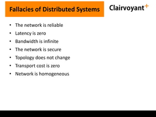 Fallacies of Distributed Systems
• The network is reliable
• Latency is zero

• Bandwidth is infinite
• The network is secure
• Topology does not change

• Transport cost is zero
• Network is homogeneous

 
