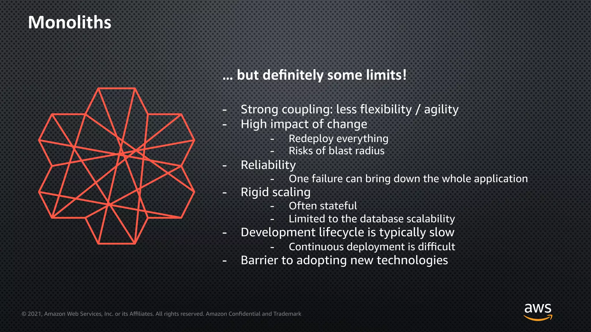 © 2021, Amazon Web Services, Inc. or its Aﬃliates. All rights reserved. Amazon Confidential and Trademark
Monoliths
… but deﬁnitely some limits!
- Strong coupling: less flexibility / agility
- High impact of change
- Redeploy everything
- Risks of blast radius
- Reliability
- One failure can bring down the whole application
- Rigid scaling
- Often stateful
- Limited to the database scalability
- Development lifecycle is typically slow
- Continuous deployment is diﬃcult
- Barrier to adopting new technologies
 