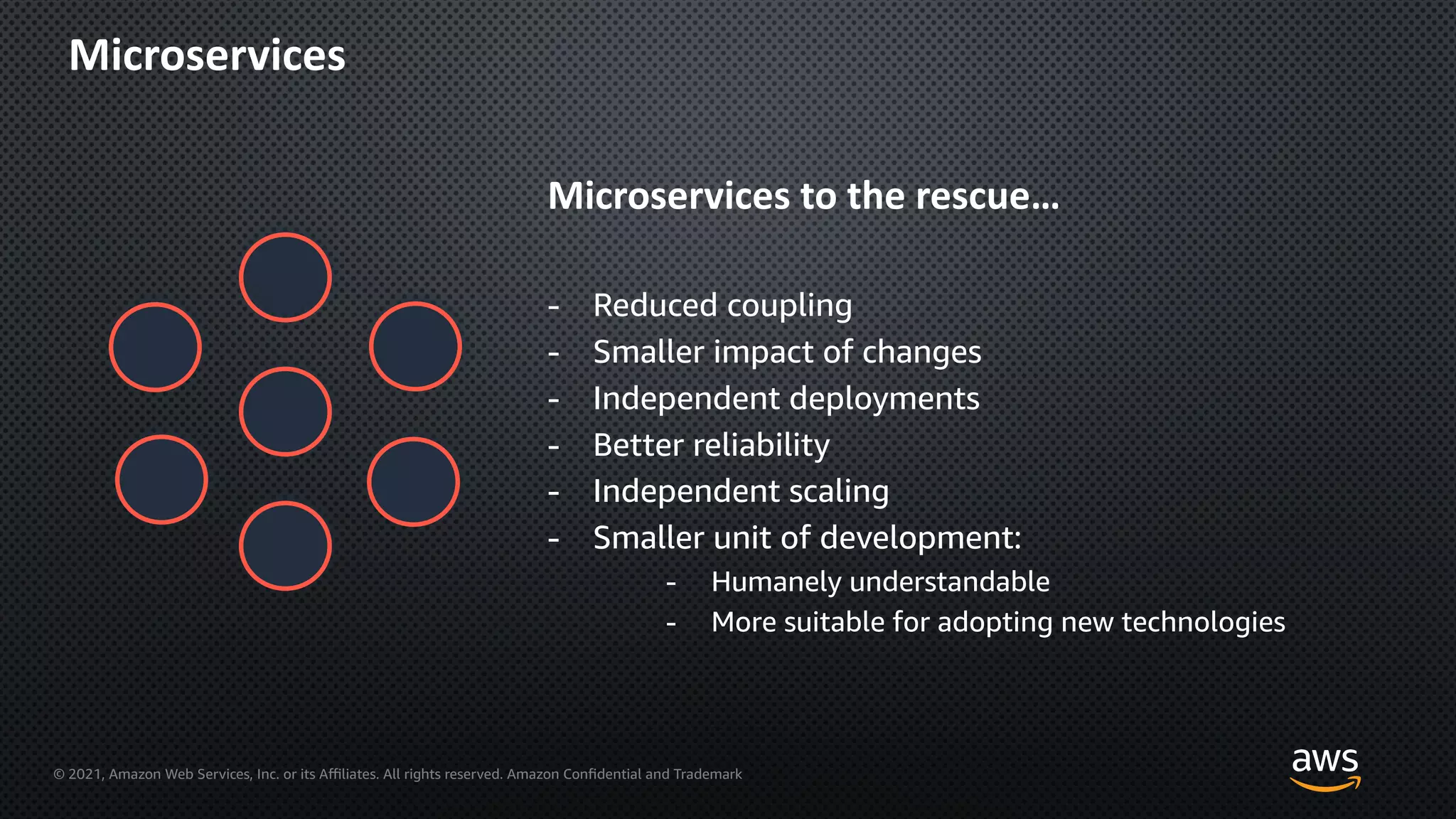© 2021, Amazon Web Services, Inc. or its Aﬃliates. All rights reserved. Amazon Confidential and Trademark
Microservices
Microservices to the rescue…
- Reduced coupling
- Smaller impact of changes
- Independent deployments
- Better reliability
- Independent scaling
- Smaller unit of development:
- Humanely understandable
- More suitable for adopting new technologies
 