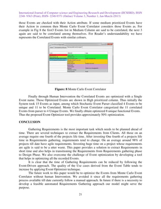 International Journal of Computer science and Engineering Research and Development (IJCSERD), ISSN
2248- 9363 (Print), ISSN- 2248-9371 (Online) Volume 3, Number 1, Jan-March (2013)

those Events are checked with their Action attribute. If some medium prioritized Events have
their Action in common then Monte Carlo Event Correlator considers those Events as. For
example in Fig 8 the first3 Events list in Medium Column are said to be correlated, the next 3
again are said to be correlated among themselves. For Reader’s understandability we have
represents the Correlated Events with similar colours.




                             Figure: 8 Monte Carlo Event Correlator

       Finally through Human Intervention the Correlated Events are optimized with a Single
Event name. Those Optimized Events are shown in High prioritized column. Thus initially the
System took 15 Events as input, among which Stochastic Event Parser classified 4 Events to be
unique and 11 to be Correlated. Monte Carlo Event Correlator categorized the 11 correlated
Events from parser to 4 Unique Events. We finally obtain optimized 8 unique functional Events.
Thus the proposed Event Optimizer tool provides approximately 50% optimization.

CONCLUSION

        Gathering Requirements is the most important task which needs to be planned ahead of
time. There are several techniques to extract the Requirements from Clients. All those on an
average require one fourth of the projects life time. After investing One fourth of a projects life
time in Requirements gathering, requirements tend to change. On an average around 98% of
projects till date have agile requirements. Investing huge time on a project whose requirements
are agile is said to be a utter waste. This paper provides a solution to extract Requirements in
short time and also helps in transitioning the Requirements from Requirements gathering phase
to Design Phase. We also overcome the challenge of Event optimization by developing a tool
that helps in optimizing all the recorded Events.
        It is clear that the time of Gathering Requirements can be reduced by following the
Event-Driven approach. The quality of the Use cases derived from the Event Table tends to
increase by applying Event Optimizer technique.
        The future work to this paper would be to optimize the Events from Monte Carlo Event
Correlator without human Intervention. We avoided it since all the requirements gathering
process available till date currently follow a manual approach. In future if there is a necessity to
develop a feasible automated Requirements Gathering approach our model might serve the
purpose.

                                                21
 