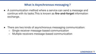 What is Asynchronous messaging ?
● A communication method where a service can send a message and
continue with its tasks.This is known as fire-and-forget information
exchange.
● There are two kinds of asynchronous messaging communication:
○ Single receiver message-based communication
○ Multiple receivers message-based communication
 