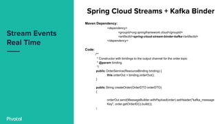 Maven Dependency:
<dependency>
<groupId>org.springframework.cloud</groupId>
<artifactId>spring-cloud-stream-binder-kafka</artifactId>
</dependency>
Code:
/**
* Constructor with bindings to the output channel for the order topic
* @param binding
*/
public OrderService(ResourceBinding binding) {
this.orderOut = binding.orderOut();
}
public String createOrder(OrderDTO orderDTO)
{
orderOut.send(MessageBuilder.withPayload(order).setHeader("kafka_message
Key", order.getOrderID()).build());
 